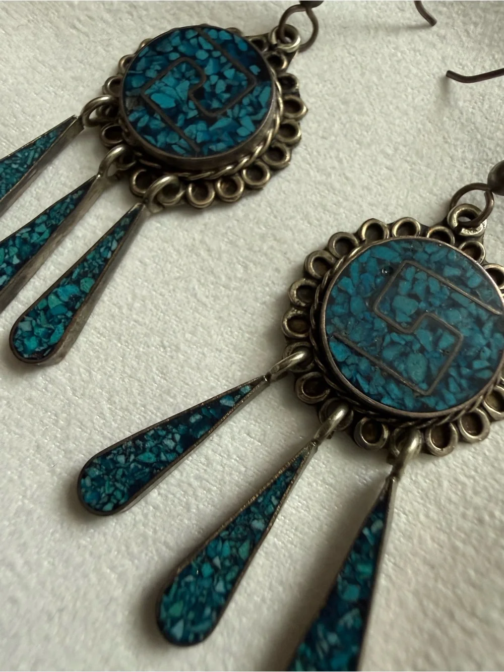 Vintage Native American Crushed Chip Turquoise Inlay Chandelier Silver Earrings